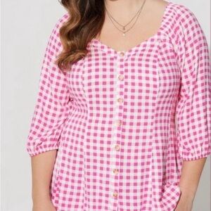Torrid Fit and Flare Rayon Slub Button-Up 3/4 Sleeve Pink Gingham Shirt
